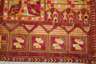Sainchi Phulkari From East(Punjab) India. Circa 1900.Hand Spun Cotton khaddar Cloth.Sainchi are elaborate pictorial embroideries created by women in Haryana that mirror their life and beliefs, their hopes and desires. Scenes of  ...