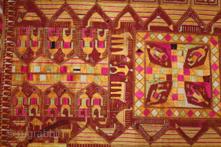 Sainchi Phulkari From East(Punjab) India. Circa 1900.Hand Spun Cotton khaddar Cloth.Sainchi are elaborate pictorial embroideries created by women in Haryana that mirror their life and beliefs, their hopes and desires. Scenes of  ...