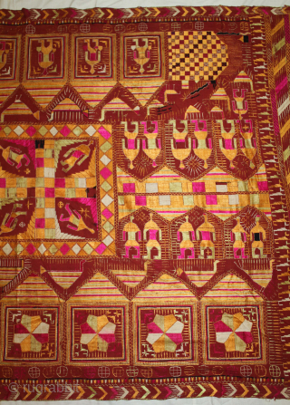 Sainchi Phulkari From East(Punjab) India. Circa 1900.Hand Spun Cotton khaddar Cloth.Sainchi are elaborate pictorial embroideries created by women in Haryana that mirror their life and beliefs, their hopes and desires. Scenes of  ...