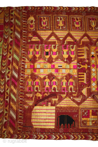 Sainchi Phulkari From East(Punjab) India. Circa 1900.Hand Spun Cotton khaddar Cloth.Sainchi are elaborate pictorial embroideries created by women in Haryana that mirror their life and beliefs, their hopes and desires. Scenes of  ...