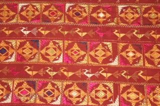 Phulkari From East(Punjab) India Called As Mor Phulkari.Beautiful colour Combination of rare Design.Walking of the Garden.Floss Silk on Hand Spun Cotton khaddar Cloth.(DSL03050).          