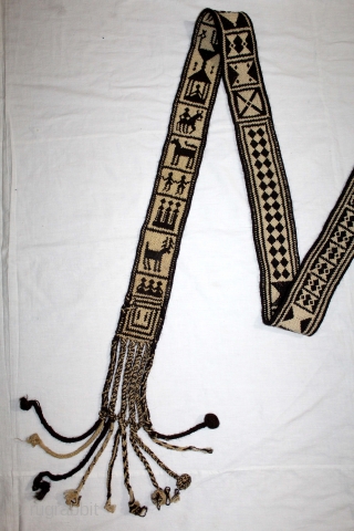 Rare Figurative Tung The Camel Decoration Belt from Rajasthan India.Goat-Hair Belt made using the Ply-Split method.Its size is W-9cm X L-288cm.(DSL03070).            