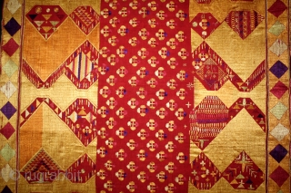 Sarpallu Phulkari From East(Punjab)India called As Sarpallu(Patang Design).Moga District of Punjab India.Floss Silk on Hand Spun Cotton khaddar Cloth.Its size is W-138cm x L-230cm.(DSE03080).         