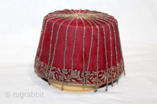 Nawabi Topi (Hat) Zardozi Embroidered on Velvet, With Real Silver Thread with Gold Polish, From Lucknow, Uttar Pradesh, India.C.1900.(DSC05550).              