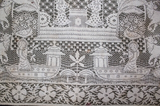 Pichwai of Cotton Lace Net,of Nauka Vihar Subject Nathdwara. The lace Pichhwai was made in Germany for the Indian Market.C.1900.Its size is 90cm x 90cm.(DSC05570).        