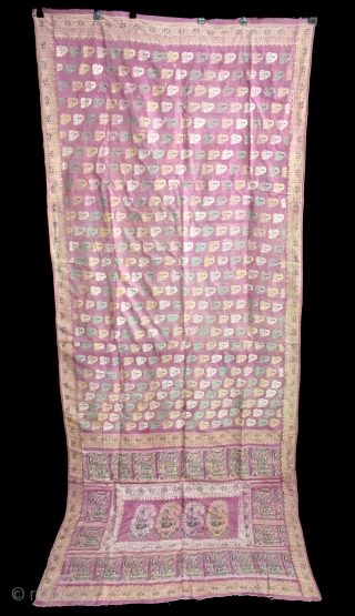 Rare Pallav of a Baluchar Sari woven in silk Brocade From Murshidabad,West Bengal,India.Circa 1900.Here the pallu of the sari is decorated with large paisleys set within a border of human figures, only  ...