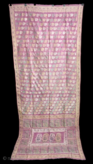 Rare Pallav of a Baluchar Sari woven in silk Brocade From Murshidabad,West Bengal,India.Circa 1900.Here the pallu of the sari is decorated with large paisleys set within a border of human figures, only  ...