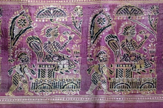 Rare Pallav of a Baluchar Sari woven in silk Brocade From Murshidabad,West Bengal,India.Circa 1900.Here the pallu of the sari is decorated with large paisleys set within a border of human figures, only  ...
