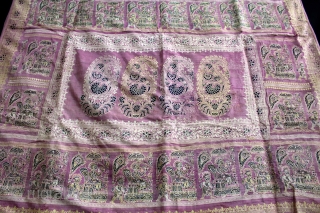 Rare Pallav of a Baluchar Sari woven in silk Brocade From Murshidabad,West Bengal,India.Circa 1900.Here the pallu of the sari is decorated with large paisleys set within a border of human figures, only  ...