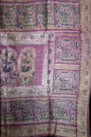 Rare Pallav of a Baluchar Sari woven in silk Brocade From Murshidabad,West Bengal,India.Circa 1900.Here the pallu of the sari is decorated with large paisleys set within a border of human figures, only  ...