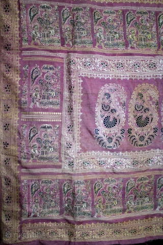 Rare Pallav of a Baluchar Sari woven in silk Brocade From Murshidabad,West Bengal,India.Circa 1900.Here the pallu of the sari is decorated with large paisleys set within a border of human figures, only  ...