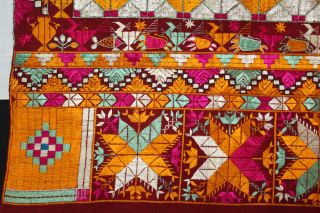 Phulkari From East(Punjab)India Called As Gobhi Bagh.C.1900. Rare Four Corners Different Design. Floss Silk on Hand Spun Cotton khaddar Cloth. Its size is 124cm x 260cm.(DSL060170).Please email me at indianarts1369@gmail.com
