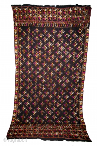 Indigo Phulkari From East(Punjab)India Called As Burfi phulkari.Floss Silk on Hand Spun Cotton khaddar Cloth.Its size is 125cm x 236cm.(DSL05230).             