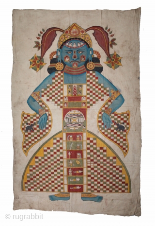 Jain Cosmology Painting of Lok Purush From Gujarat India.C.1910. Hand Painted on the Cotton.The drawing is not just a painting for the sake of art. It contains deep explanations of Jain cosmology  ...