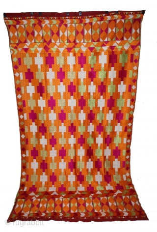 Phulkari From East(Punjab)India Called As Belan Motif Bagh.C.1900. Rare Design. Floss Silk on Hand Spun Cotton khaddar Cloth. Its size is 134cm x 240cm.(DSC05610).         