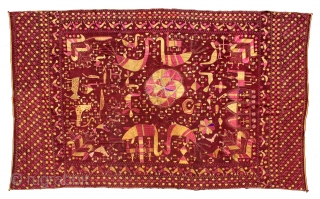 Sainchi Phulkari are mostly Figurative Pieces Narrating the life in the villages of East (Punjab) India.C.1900.Local animals like goats, cows, elephants, big cats, scorpions, peacocks,etc are represented moving in and around the  ...