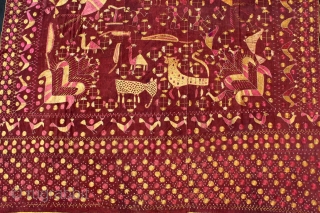 Sainchi Phulkari are mostly Figurative Pieces Narrating the life in the villages of East (Punjab) India.C.1900.Local animals like goats, cows, elephants, big cats, scorpions, peacocks,etc are represented moving in and around the  ...