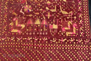 Sainchi Phulkari are mostly Figurative Pieces Narrating the life in the villages of East (Punjab) India.C.1900.Local animals like goats, cows, elephants, big cats, scorpions, peacocks,etc are represented moving in and around the  ...