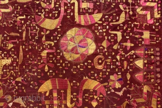 Sainchi Phulkari are mostly Figurative Pieces Narrating the life in the villages of East (Punjab) India.C.1900.Local animals like goats, cows, elephants, big cats, scorpions, peacocks,etc are represented moving in and around the  ...