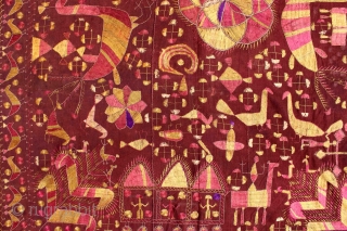 Sainchi Phulkari are mostly Figurative Pieces Narrating the life in the villages of East (Punjab) India.C.1900.Local animals like goats, cows, elephants, big cats, scorpions, peacocks,etc are represented moving in and around the  ...