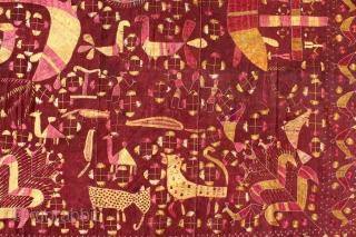 Sainchi Phulkari are mostly Figurative Pieces Narrating the life in the villages of East (Punjab) India.C.1900.Local animals like goats, cows, elephants, big cats, scorpions, peacocks,etc are represented moving in and around the  ...