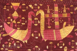 Sainchi Phulkari are mostly Figurative Pieces Narrating the life in the villages of East (Punjab) India.C.1900.Local animals like goats, cows, elephants, big cats, scorpions, peacocks,etc are represented moving in and around the  ...