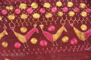 Sainchi Phulkari are mostly Figurative Pieces Narrating the life in the villages of East (Punjab) India.C.1900.Local animals like goats, cows, elephants, big cats, scorpions, peacocks,etc are represented moving in and around the  ...