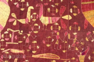 Sainchi Phulkari are mostly Figurative Pieces Narrating the life in the villages of East (Punjab) India.C.1900.Local animals like goats, cows, elephants, big cats, scorpions, peacocks,etc are represented moving in and around the  ...