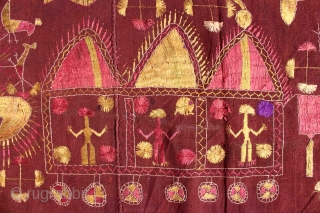 Sainchi Phulkari are mostly Figurative Pieces Narrating the life in the villages of East (Punjab) India.C.1900.Local animals like goats, cows, elephants, big cats, scorpions, peacocks,etc are represented moving in and around the  ...