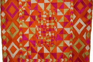 Phulkari From East(Punjab)India Called As Punjabi Bagh.Rare Design.Floss Silk on Hand Spun Cotton khaddar Cloth.Its size is 132cm x 226cm.(DSL03890).             