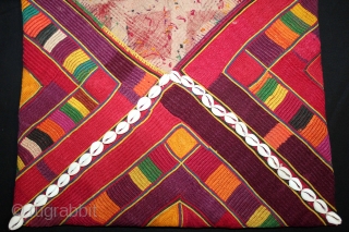 Banjara Dowry(Envelope) Bag From Karnataka,South India.C.1900.Embroidered on cotton.This is a square embroidery that has been folded and sewn to form the bag.This piece is executed in several types of stitches including, chain,  ...