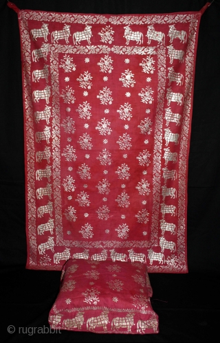 Pichwai For Gopashtami (Cow Festival) Rajasthan India.C.1900.Made form Silver Tinsel on Malmal Cotton.With Pillow cover.Its size is 77cm X 119cm.(DSL03270).             