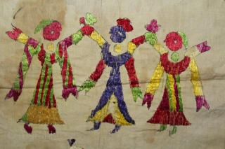 Chamba Rumal from Himachal Pradesh India.Krishna in the center and both side Gopis. Cotton Silk Embroidered.Its size is 40cm x 40cm.(DSL02080).            