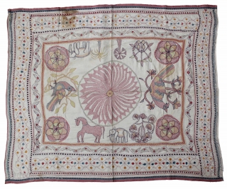 Vintage Kantha embroidery with cotton thread Kantha Probably From East Bengal(Bangladesh)Region India.C.1900.Its size is 96cm x 118cm.(DSL02090).                