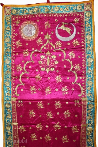 Jain Temple Hanging Aari Zari (Real Silver and Gold) Embroidery On Gajji Silk, From Kutch Gujarat India.C.1930.Its size is 82cm X 170cm.(DSL03320).           