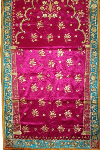 Jain Temple Hanging Aari Zari (Real Silver and Gold) Embroidery On Gajji Silk, From Kutch Gujarat India.C.1930.Its size is 82cm X 170cm.(DSL03320).           