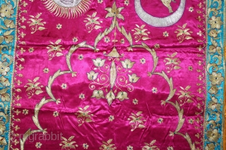 Jain Temple Hanging Aari Zari (Real Silver and Gold) Embroidery On Gajji Silk, From Kutch Gujarat India.C.1930.Its size is 82cm X 170cm.(DSL03320).           