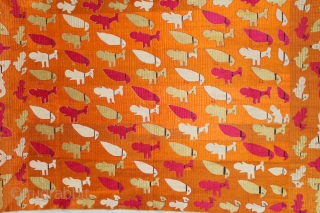 Phulkari From East(Punjab)India Known As TOTA (Parrot)with PEACOCK Bagh.C.1900.Floss Silk on Hand Spun Cotton khaddar Cloth.The pallu(Border) incorporates Human Figures leading Horses.Display of birds in a repetitive pattern across densely embroidered cloth.(DSL04000). 