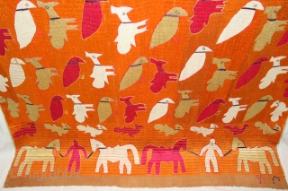 Phulkari From East(Punjab)India Known As TOTA (Parrot)with PEACOCK Bagh.C.1900.Floss Silk on Hand Spun Cotton khaddar Cloth.The pallu(Border) incorporates Human Figures leading Horses.Display of birds in a repetitive pattern across densely embroidered cloth.(DSL04000). 