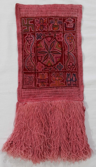 Asta Mangal Chain Stitch Embroidery with Floss Silk and Cotton on Felted Woollen Fabric.From Gujarat,India.Circa.1900.Embroidered by the jain nuns.Used and worshiped by jain community during the auspicious occasions. Mostly kept at Jain  ...