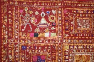 Folk Art of Punjab, Phulkari From East(Punjab)India Called As Folk phulkari.Proper Samalsar, kotkapura of Punjab India.C.1900. Rare Figurative Design. Floss Silk on Hand Spun Cotton khaddar Cloth.Its size is 130cm x 256cm.(DSL05050). 