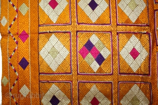 Phulkari From West(Pakistan)Punjab India Called As Shisha(Mirror)Design Bagh.C.1900. 
Very Rare Multi Colour Nazar Buti. Floss Silk on Hand Spun Cotton khaddar Cloth. Its size is 122cm X 246cm.(DSC05720).     