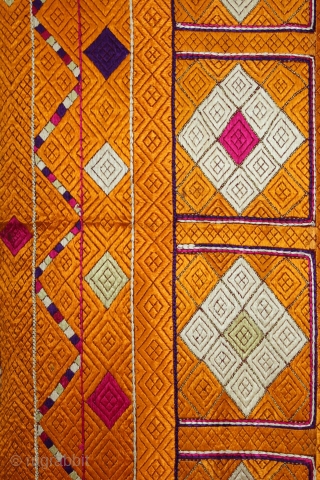 Phulkari From West(Pakistan)Punjab India Called As Shisha(Mirror)Design Bagh.C.1900. 
Very Rare Multi Colour Nazar Buti. Floss Silk on Hand Spun Cotton khaddar Cloth. Its size is 122cm X 246cm.(DSC05720).     