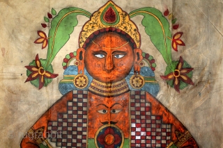 Jain Cosmology Painting of Lok Purush From Gujarat India.C.1910. Hand Painted on the Cotton.The drawing is not just a painting for the sake of art. It contains deep explanations of Jain cosmology  ...