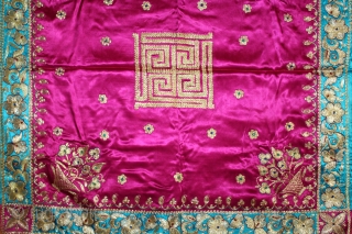 Jain Temple Hanging Aari Zari (Real Silver and Gold) Embroidery On Gajji Silk, From Kutch Gujarat India.C.1930.Its size is 82cm X 84cm.(DSL03410).           