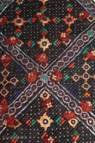 Dowry Bujki Purse From Sind Pakistan India.Circa.1930.Embroidered purse for storing or carrying bridal dowry gifts Cotton with silk embroidery,metal thread, tiny mirrors.Its size is 25cm x 38cm.(DSL04050).      