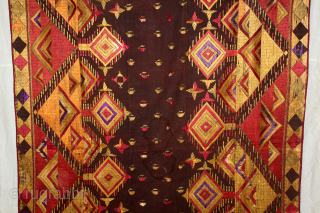 Sarpallu Phulkari From East(Punjab)India called As Sarpallu(Patang Design).Proper Kapurthala of Punjab India.Circa 1900. Floss Silk on Hand Spun Cotton khaddar Cloth.
Its size is 130cm X 204cm.(DSC06050).Please email me at indianarts1369@gmail.com   
