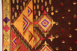 Sarpallu Phulkari From East(Punjab)India called As Sarpallu(Patang Design).Proper Kapurthala of Punjab India.Circa 1900. Floss Silk on Hand Spun Cotton khaddar Cloth.
Its size is 130cm X 204cm.(DSC06050).Please email me at indianarts1369@gmail.com   