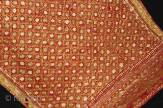 Phulkari From East(Punjab) India Called As Phulkari. Rare Surya (Sun)Design,placed as a konia at the corner of the pallu. Extremely Fine Phulkari.Its size is W-117cm X L-234cm.(DSL02680).      