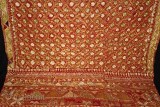 Phulkari From East(Punjab) India Called As Phulkari. Rare Surya (Sun)Design,placed as a konia at the corner of the pallu. Extremely Fine Phulkari.Its size is W-117cm X L-234cm.(DSL02680).      